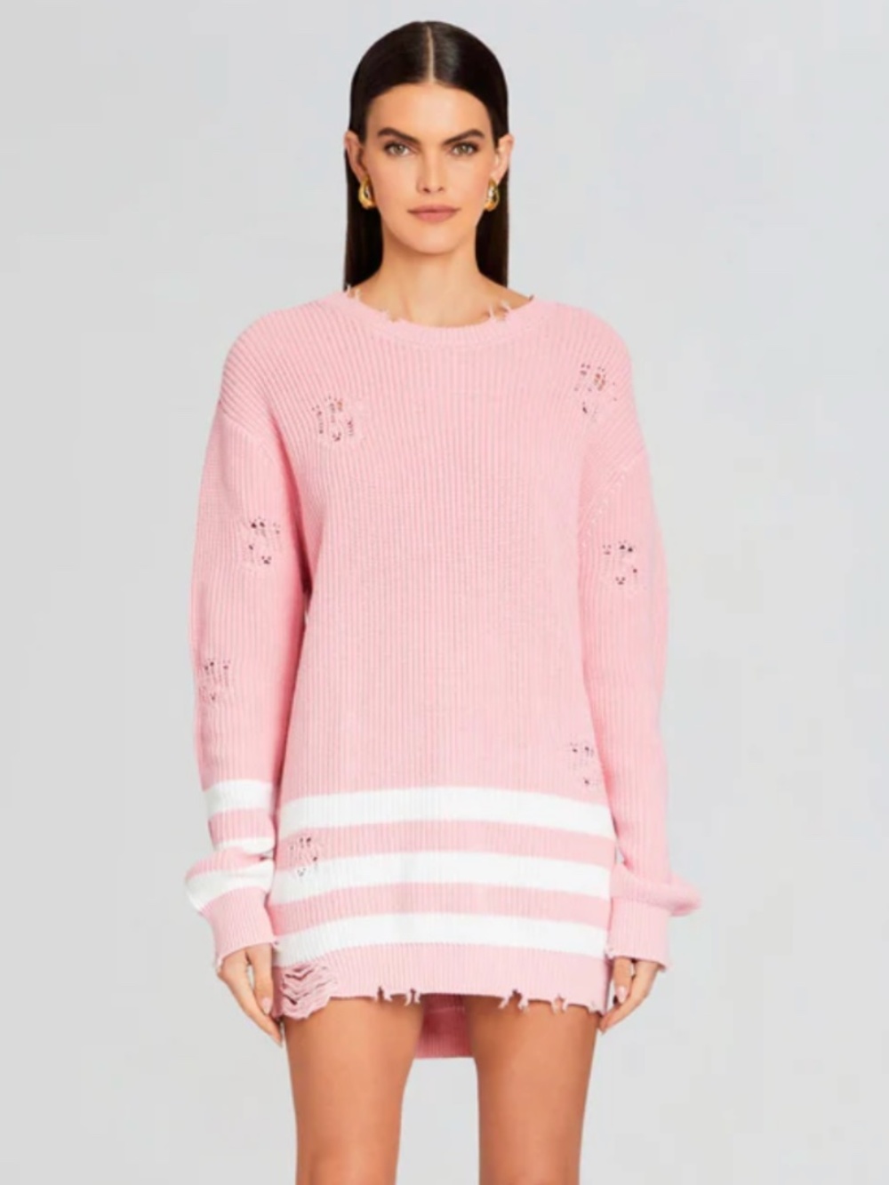 SER.O.YA Devin Sweater Pink & White XS Cotton Distressed Crewneck - Like New